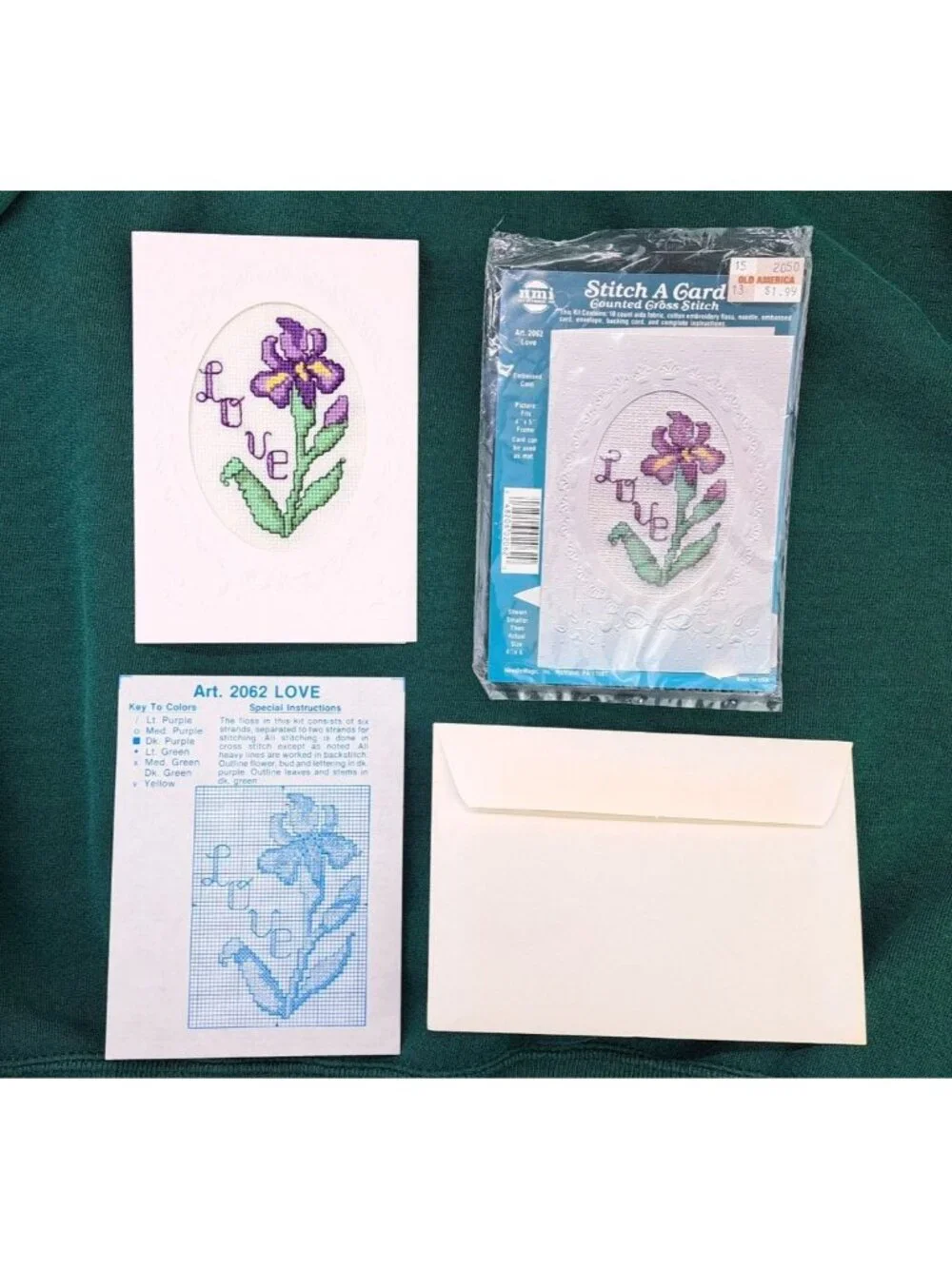 Vintage Handmade Card Counted Cross-Stitch Iris Embossed 2062 Love With Envelope